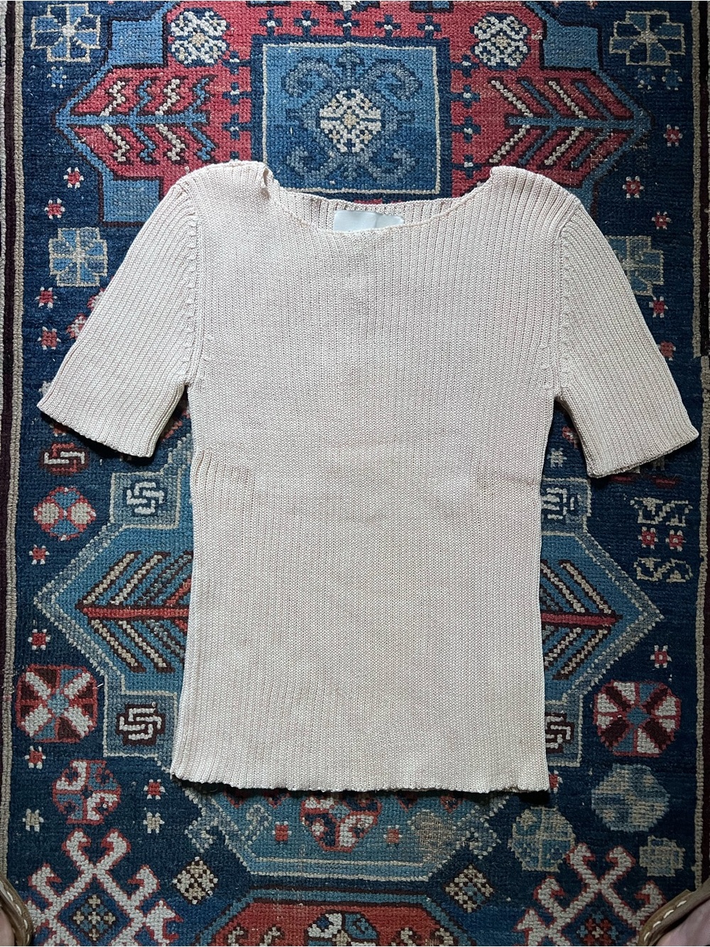 Ribbed Short-Sleeve Knit Tee in Light Beige - Picture 3 of 6